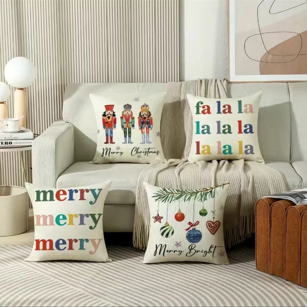 Christmas Pillowcase Merry and Bright 17.7*17.7 In Linen Blend Pillow Cover